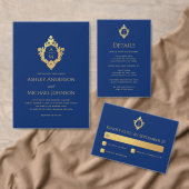 Monogram Royal Blue Imitats Gold Foil Wappen Weddi Menükarte (Personalisiere diese Kollektion eines unabhängigen Creators.)