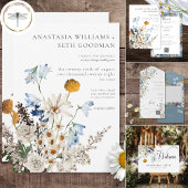 Rustic Dusty Blue Wildblumen & Daisies QR Code All In One Einladung