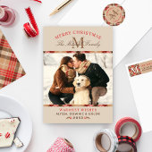 Rustikales Tan Red Tartan Kariertes Weihnachtsmono Runder Aufkleber