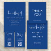 Modernes White Script Blue QR Code Wedding RSVP Begleitkarte