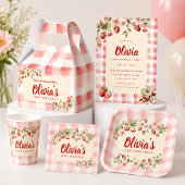 Rosa Gingham Erdbeer Blumen Geburtstag Pappteller