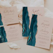 Agate Aquamarin Blue Rose Gold Blush Save the Date Einladung