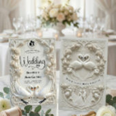 Faux Embossed White Floral Relief Monogram Wedding Einladung