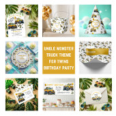 Yellow Monster Trucks Boys Happy Birthday Button