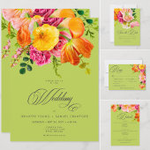 Vibrant Summer Floral Lime Orange Pink Wedding RSVP Karte