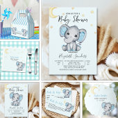 Watercolor Elephant Baby Shower Boy, Blue and Gray Einladung