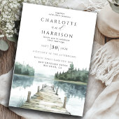 Watercolor Forest Mountain Lake Wedding RSVP Karte