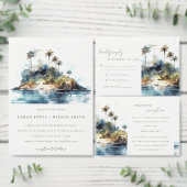 Chic Watercolor Seascape Palm Tree Island Hochzeit Runder Aufkleber (Personalisiere diese Kollektion eines unabhängigen Creators.)