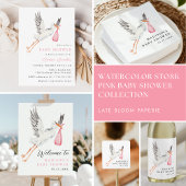 Watercolor Stork Pink Girl Baby Shower Weinetikett