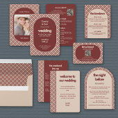 Rust-Rot Karo QR-Code Hochzeit Alles in Einem Einladung