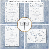 Whimsical Retro Hand Drawn Dusty Blue Wedding Save The Date