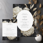 Weiße Rosen blühen trockene Blätter Dunkle Hochzei Einladung