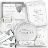 Eleganter White Silver Glitzer Sweet 16 Name Pappteller