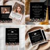 Boho Wildblumen Black Foto Abschluss Einladung