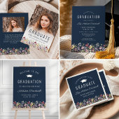 Boho Watercolor Wildblumen Navy Graduation Party Serviette