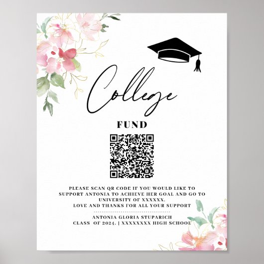 College fund floral graduation printable sign poster (Vorne)