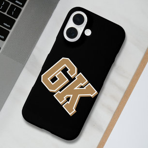 College Schwarz Gold Weiß Varsity Monogramm Anfang iPhone 16 Hülle