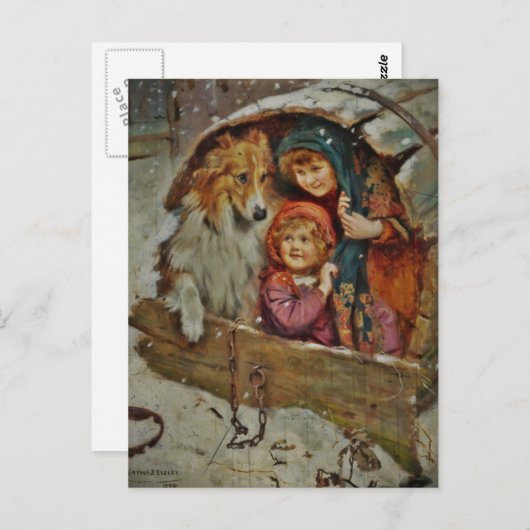 Collie and Children in Doghouse Postkarte (Vorne/Hinten)