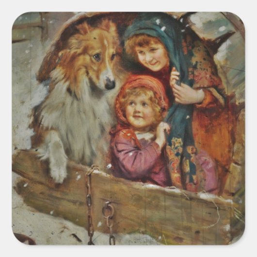 Collie and Children in Doghouse Quadratischer Aufkleber (Vorderseite)