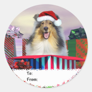 Collie Christmas Surpise Gift Tags Runder Aufkleber