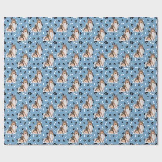 Collie Dog Paw Print Pattern auf blau Geschenkpapier (Flach)