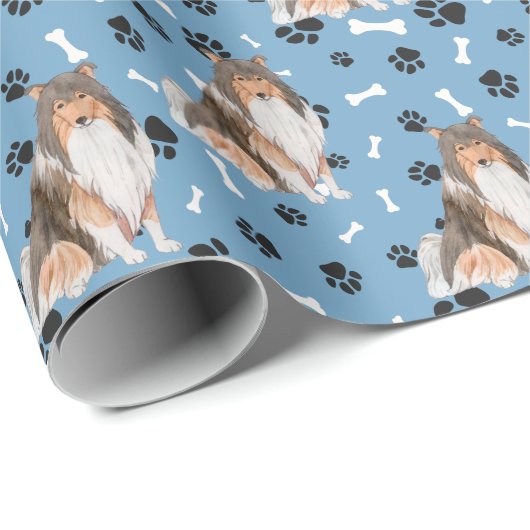Collie Dog Paw Print Pattern auf blau Geschenkpapier (Rolleneckpunkt)