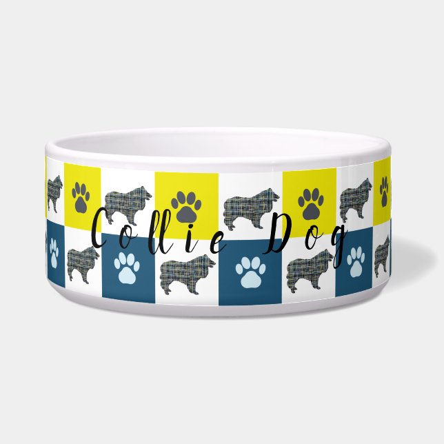 Collie Dog & Paw Yellow & Blue Grid Dog Bowl Napf (Vorderseite)