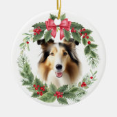 Collie Dog Red Bow Holly Wreath Keramik Ornament (Vorne)