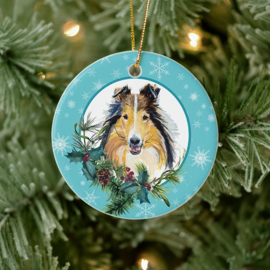 Collie Evergreen Blue Snowflake Border Keramik Ornament (Baum)