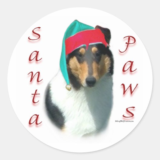 Collie (glatt) Santa Paws Runder Aufkleber (Vorderseite)