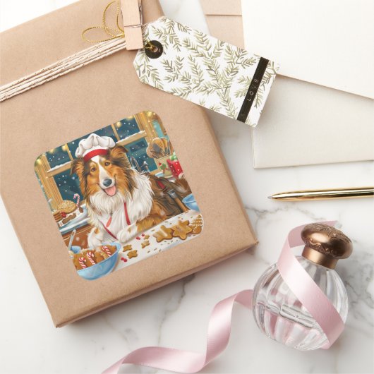 Collie Holiday Baking: Feierliche Weihnachten Quadratischer Aufkleber (Schenken)