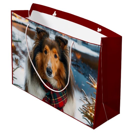 Collie Holiday  Große Geschenktüte (Rückseite Schrägansicht)
