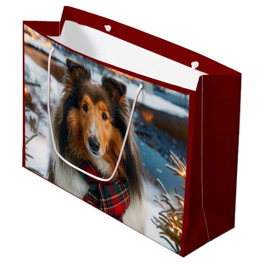 Collie Holiday  Große Geschenktüte (Vorderseite Schrägansicht)