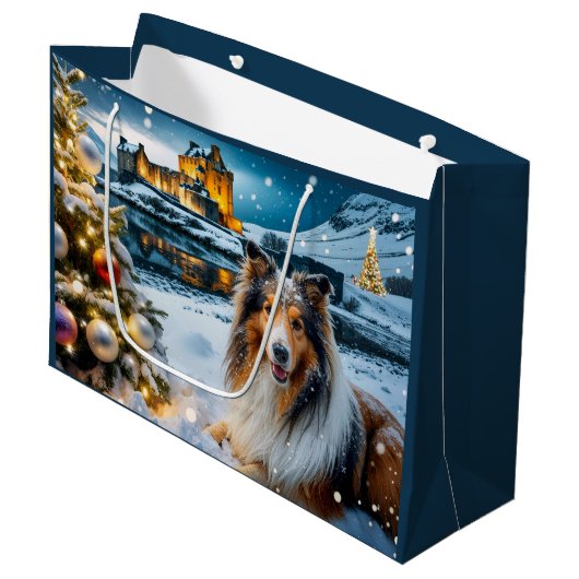 Collie Holiday  Große Geschenktüte (Vorderseite Schrägansicht)