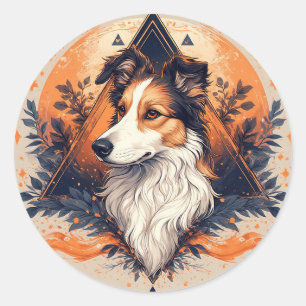 Collie-Hund mit lebendigem geometrischem Hintergru Runder Aufkleber