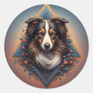 Collie-Hund mit lebendigem geometrischem Hintergru Runder Aufkleber