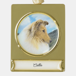 Collie in Mountains (Rough) Malerei - Hund Art Gol Banner-Ornament Gold