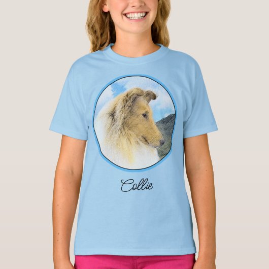 Collie in Mountains (Rough) Malerei - Hunde Art T- T-Shirt (Vorderseite)