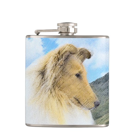 Collie in Mountains (Rough) Malerei - Hunde Kunst Flachmann (Vorderseite)