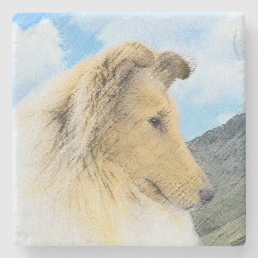 Collie in Mountains (Rough) Malerei - Hunde Kunst Steinuntersetzer (Vorderseite)