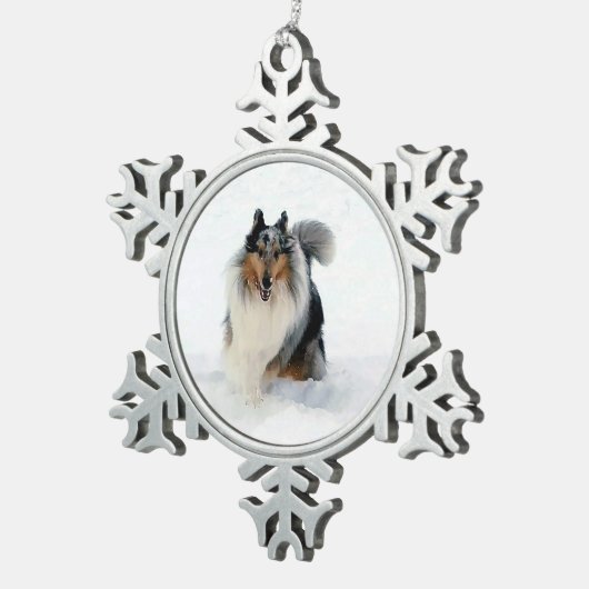 Collie läuft durch Schnee Schneeflocken Zinn-Ornament (Rechts)