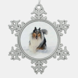 Collie läuft durch Schnee Schneeflocken Zinn-Ornament