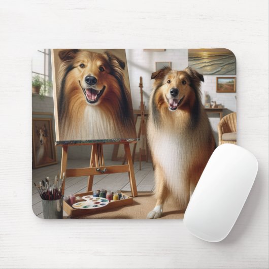 Collie Paint Portrait on Easel Mousepad (Mit Mouse)