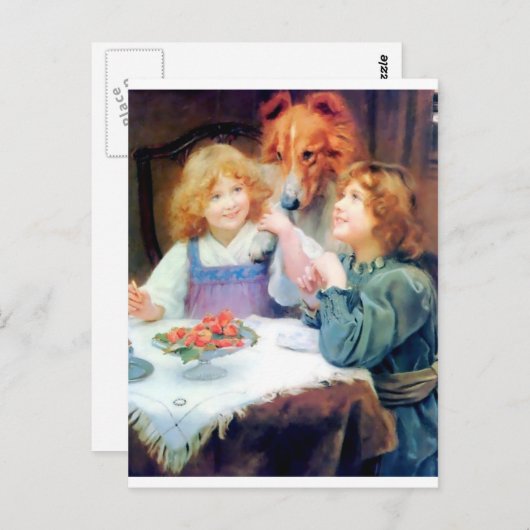 Collie Pet Hund und zwei Mädchen. Postkarte (Vorne/Hinten)