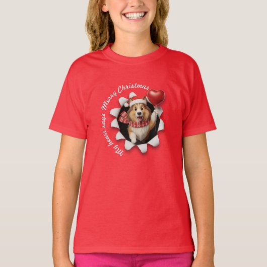 Collie Puppy Christmas Heart Scarf Fluffy T-Shirt (Vorderseite)