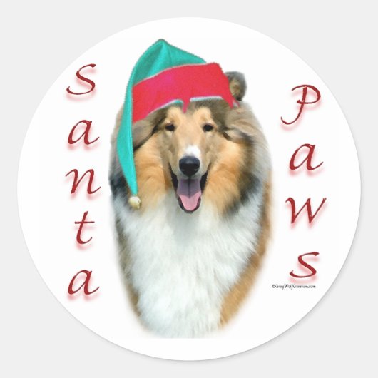 Collie (rau) Santa Paws Runder Aufkleber (Vorderseite)