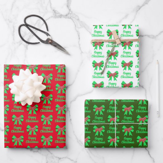 Collie Rough Christmas Dog & Green Bow 3 Farbe Geschenkpapier Set (Vorderseite)