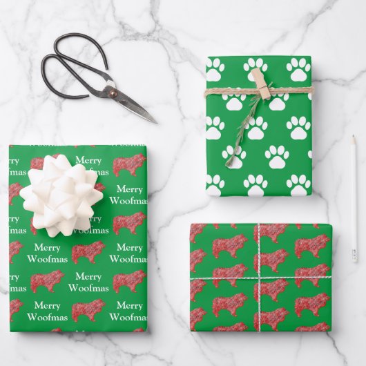 Collie Rough Dog Silhouette Green Merry Woofmas Geschenkpapier Set (Vorderseite)