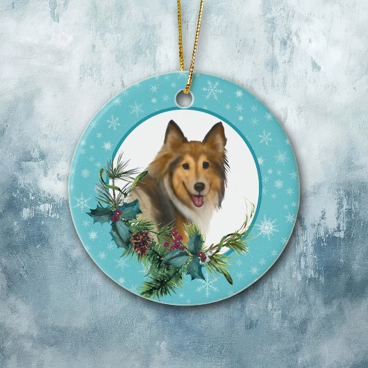 Collie Snowflake Blue Frame Holiday Bouquet Keramik Ornament