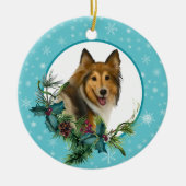 Collie Snowflake Blue Frame Holiday Bouquet Keramik Ornament (Vorne)